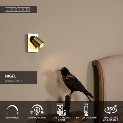Lucide NIGEL - Bedside lamp / Wall light - LED Dim to warm - GU10 - 1x5W 2200K/3000K - With USB charging point - Matt Gold / Brass
